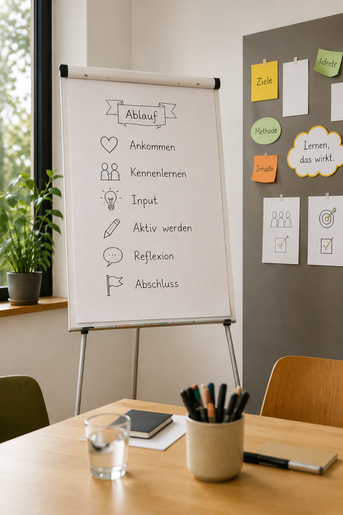 Flipchart und Pinnwand, Tisch mit stiften und Wasserglas