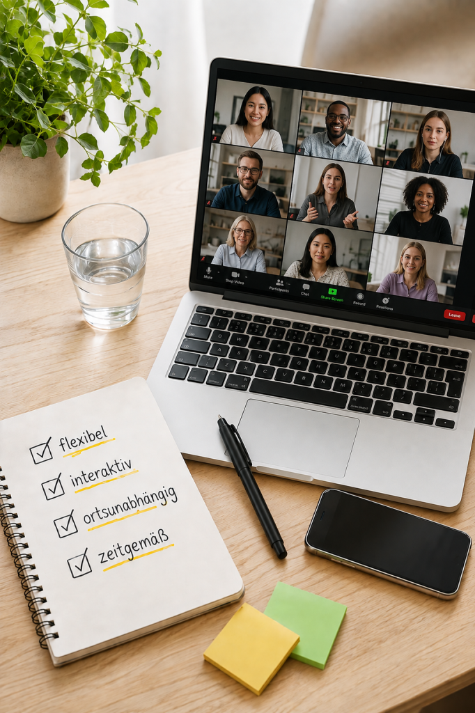 Laptop mit Online Meeting und Block
