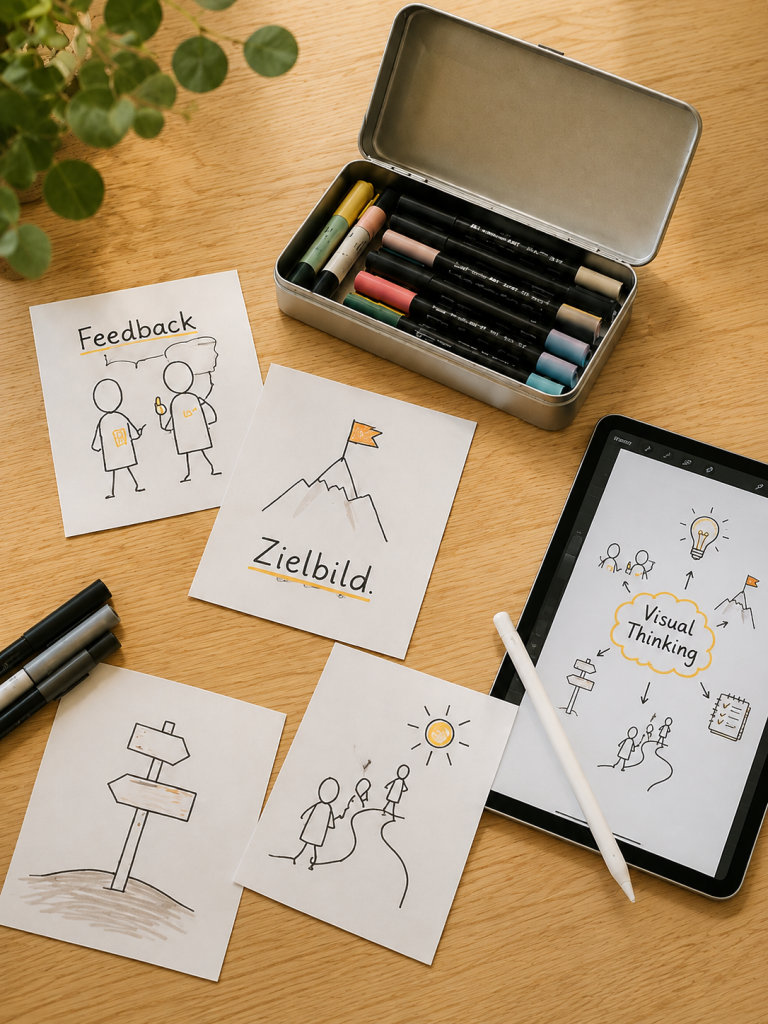 Stifte und Karten mit Sketchnotes